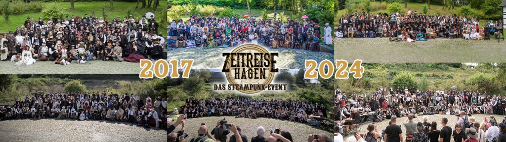 Steampunk Gruppenfotos der Zeitreise Hagen, Text: 2017 2024 Zeitreise Hagen Das Steampunk-Event